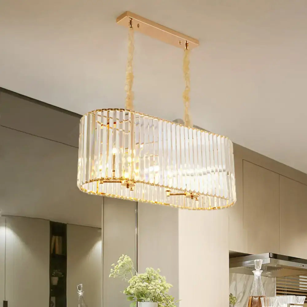 Modern gold clear crystal rectangular chandelier with vertical rods for dining room lighting