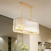 Modern gold clear crystal rectangular chandelier with vertical rods for dining room lighting