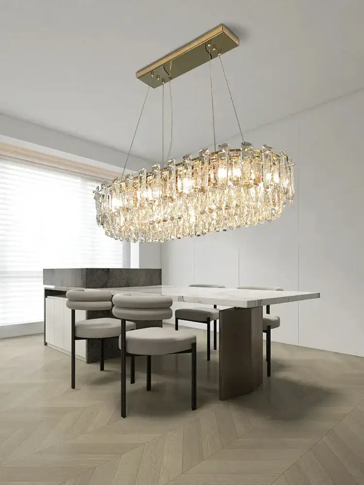Modern gold clear crystal oval chandelier with cascading prisms from decorbites clear crystal for dining room decor