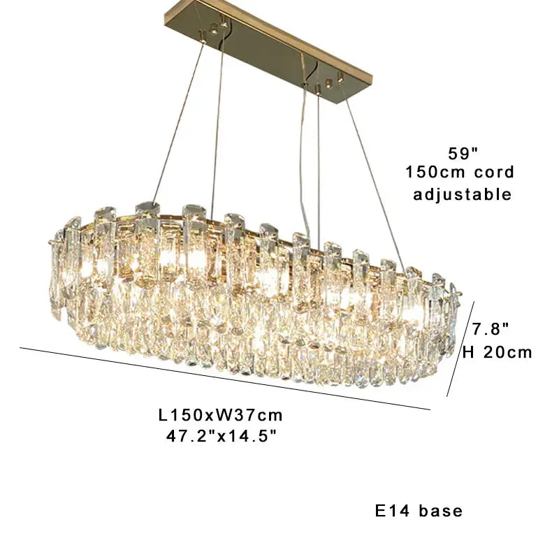 Modern gold clear crystal oval chandelier with metal frame and cascading prisms for dining room decorbites clear crystal