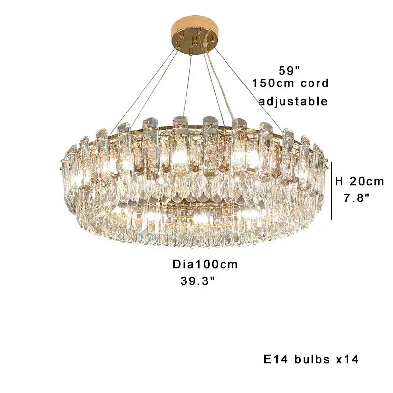 Modern gold clear crystal oval chandelier with 14 e14 bulbs featuring tiers of clear crystal prisms for dining room decorbites clear crystal lighting