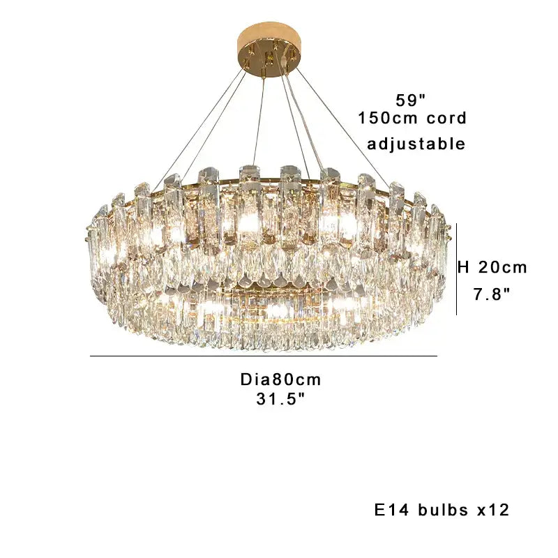Modern gold clear crystal oval chandelier with two tiers of cascading prisms and circular brass ceiling mount for dining room decorbites clear crystal