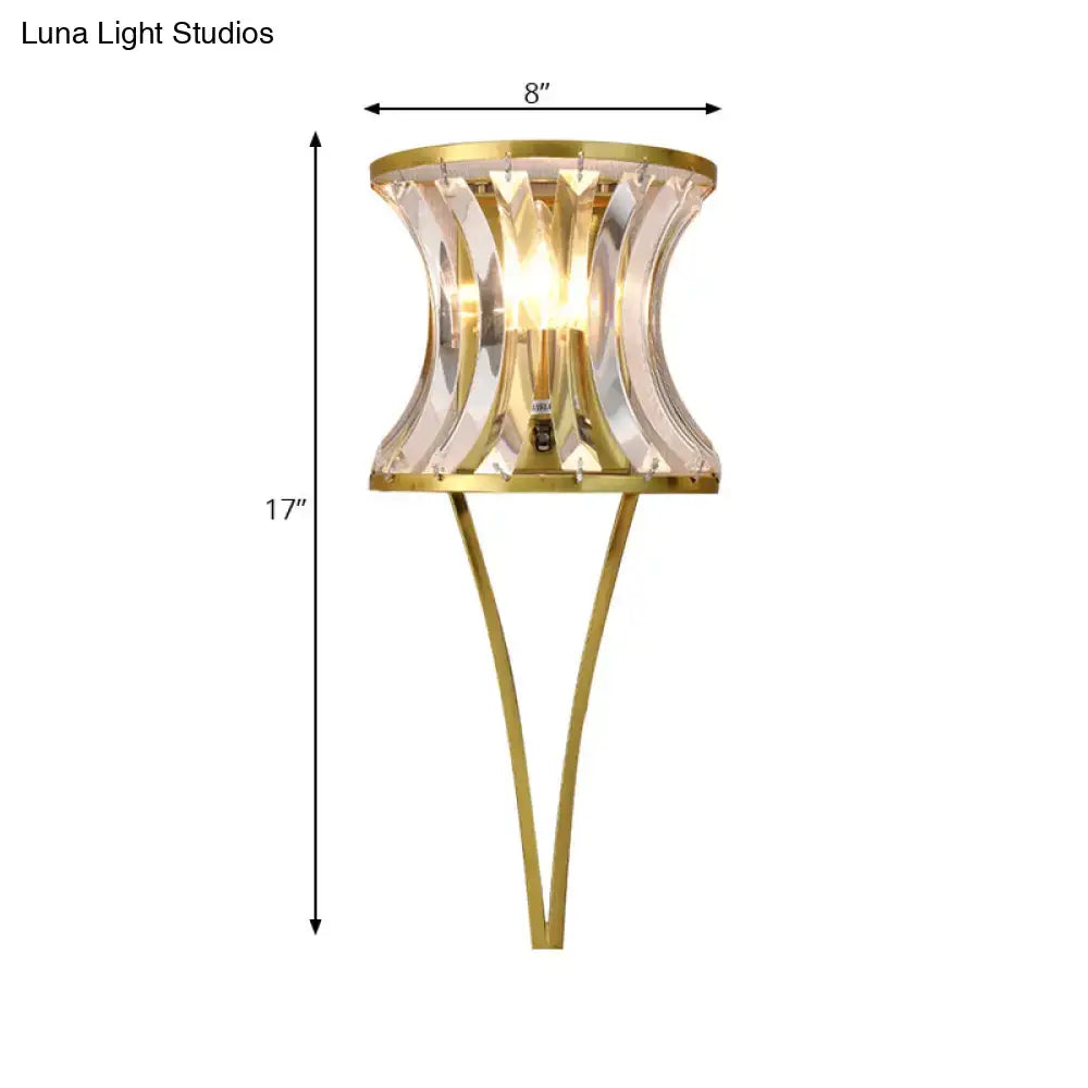 Modern gold clear crystal wall sconce with curved crystal-encrusted shade and slender metal arms for 110v-120v or 220v-240v use