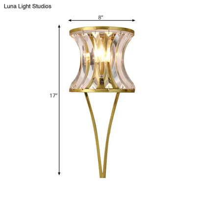 Modern gold clear crystal wall sconce with curved crystal-encrusted shade and slender metal arms for 110v-120v or 220v-240v use