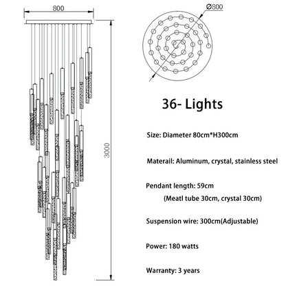 A modern gold decorbites crystal led chandelier with 36 lights, circular aluminum frame, and stainless steel components