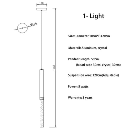 A sleek modern gold and clear decorbites crystal led chandelier with cylindrical aluminum and crystal design for living room