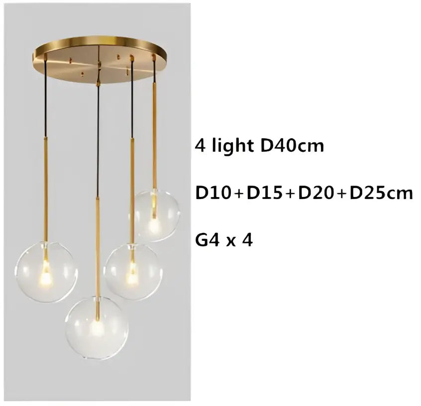 Modern brass-finished pendant light with four clear glass globe bulbs by decorbites for dining room decor