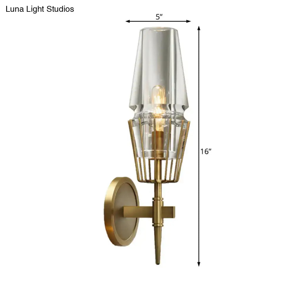 A modern gold brass wall lamp with clear glass shade and intricate wire cage design suitable for 110v-120v 220v-240v use