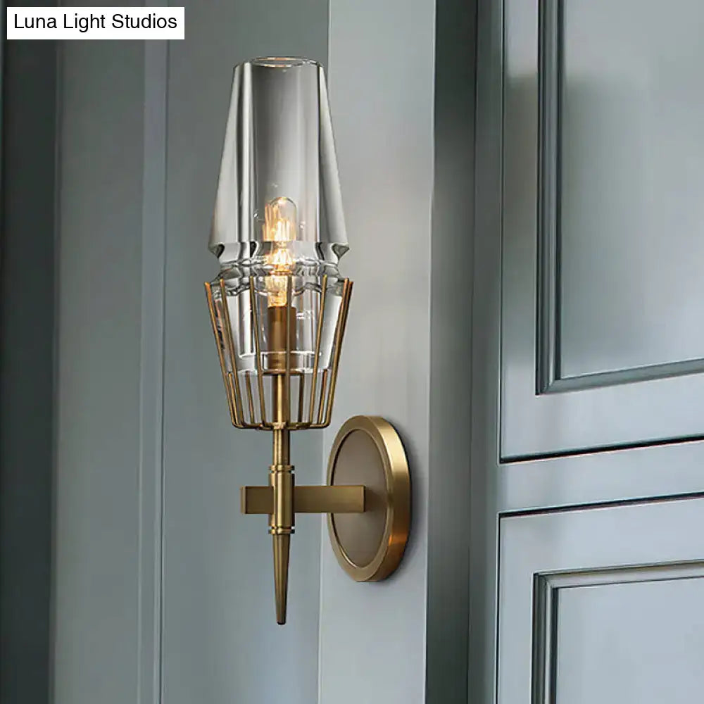 Modern gold wall lamp with clear glass shade and brass cage design suitable for 110v-120v 220v-240v use