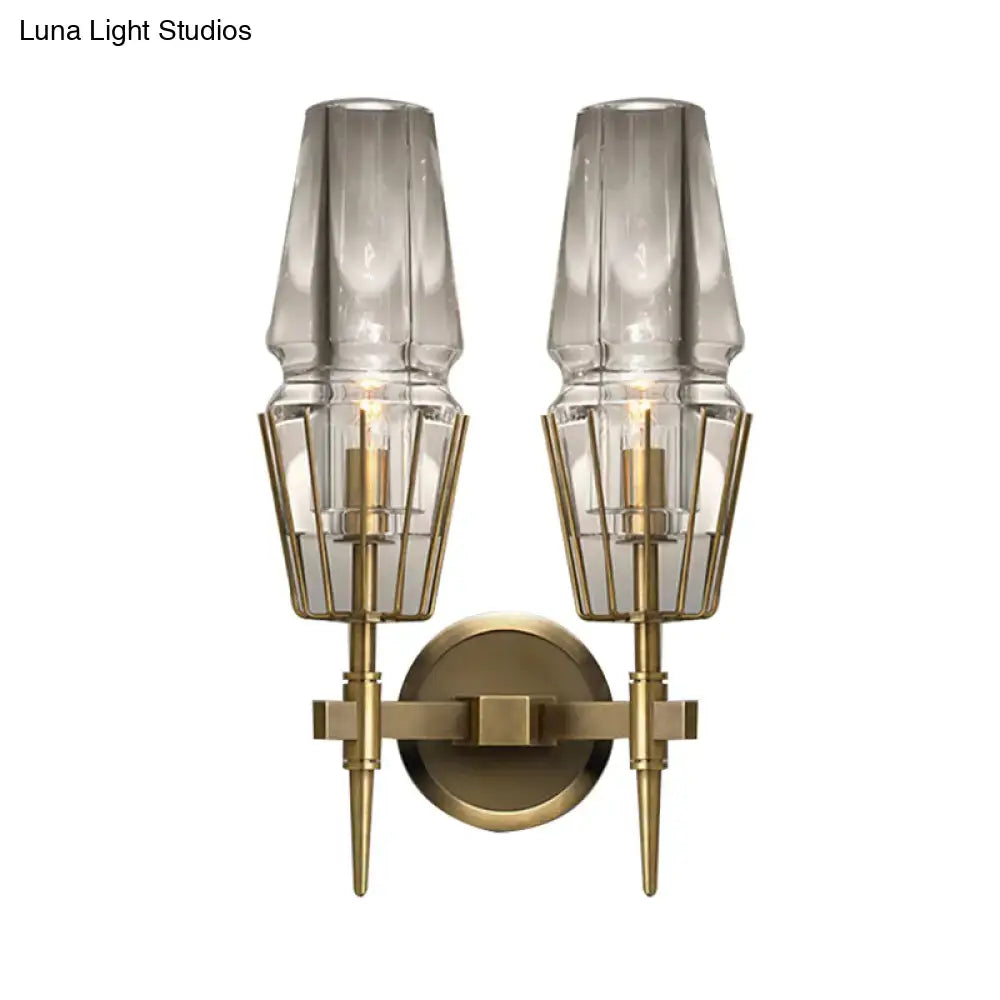Modern gold clear glass wall lamp with brass finish, frosted shades, geometric cage, suitable for 110v-120v 220v-240v use
