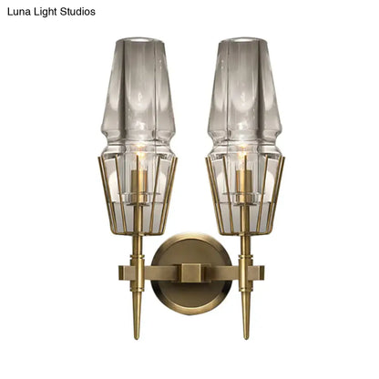 Modern gold clear glass wall lamp with brass finish, frosted shades, geometric cage, suitable for 110v-120v 220v-240v use