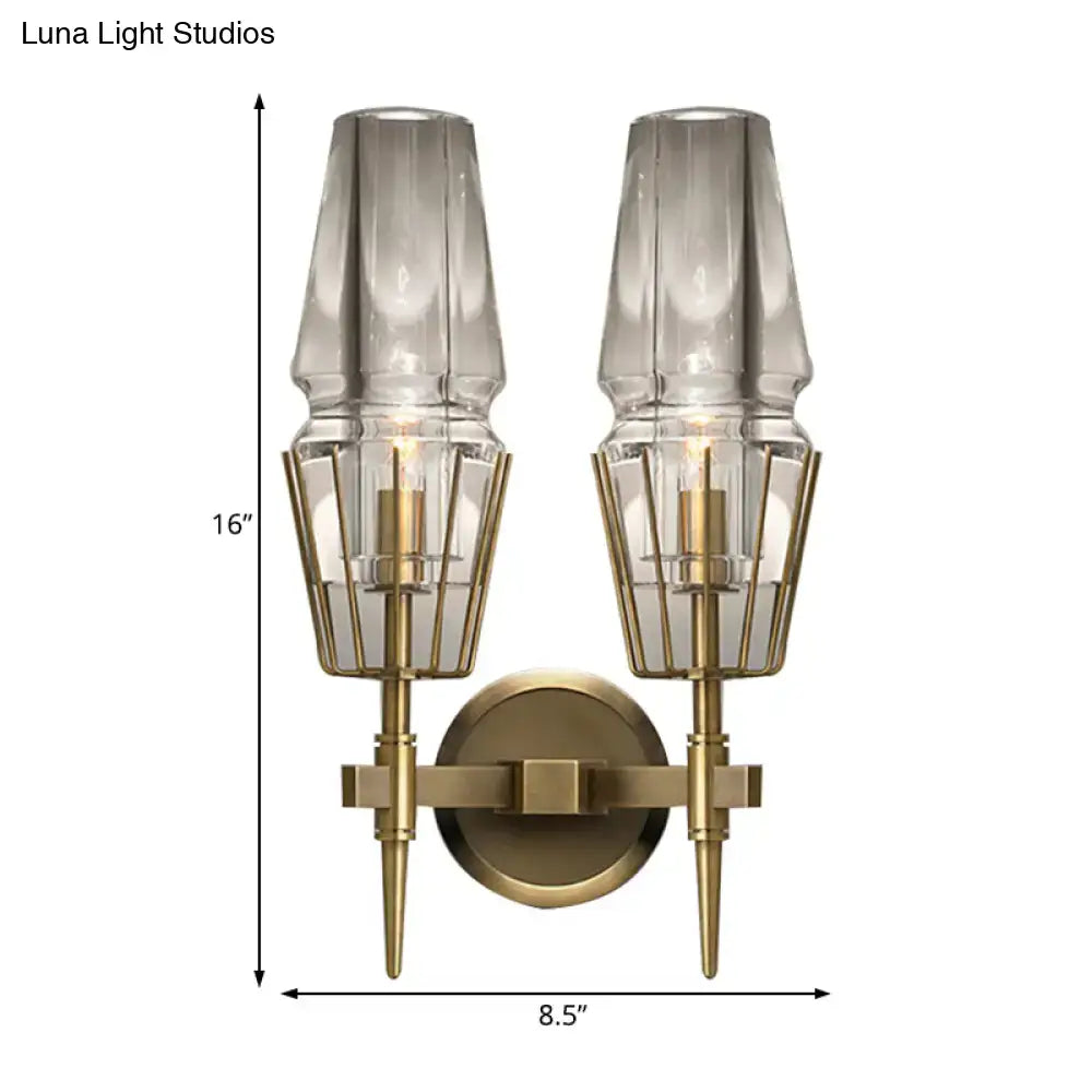 Modern gold clear glass wall lamp with brass finish, two frosted glass shades, and geometric cage suitable for 110v-120v 220v-240v