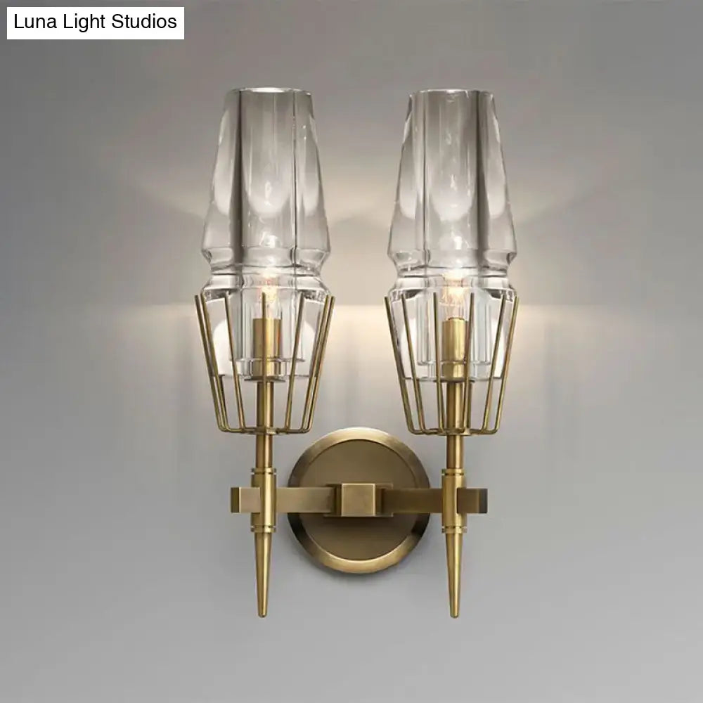 Modern gold brass-finished wall lamp with clear glass shades and wire cage detailing for bedroom 110v-120v 220v-240v use