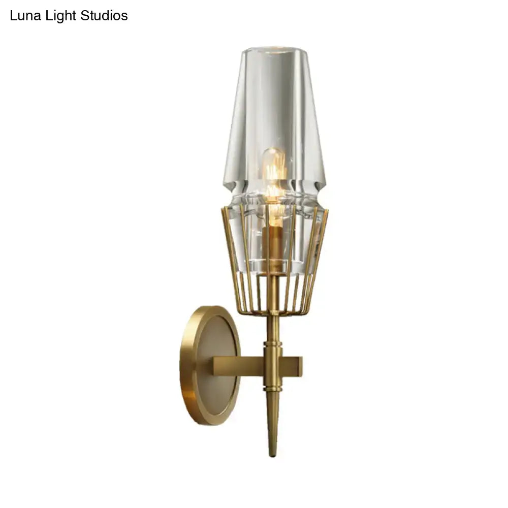 Modern gold clear glass wall lamp featuring a geometric wire cage design suitable for 110v-120v 220v-240v use