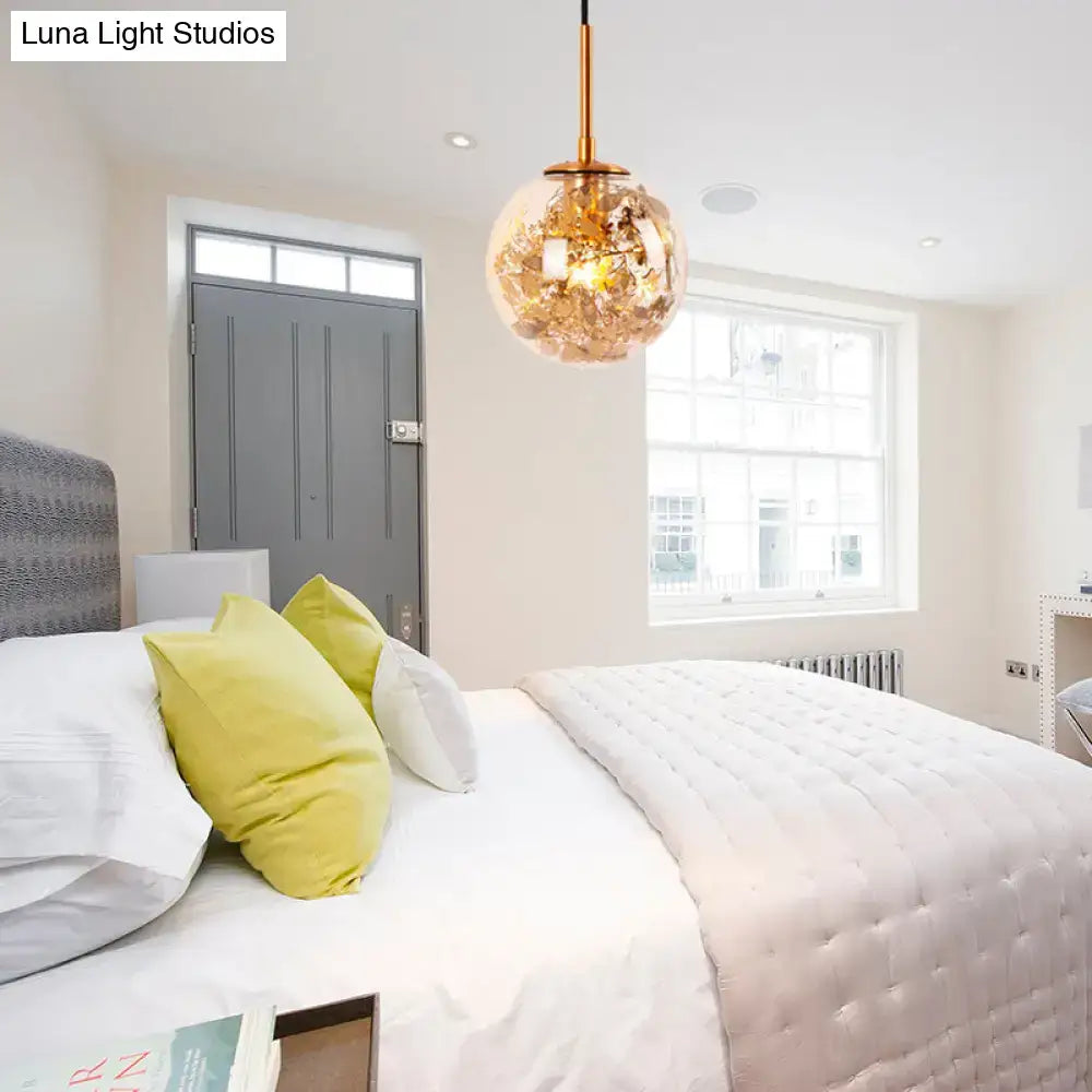 Modern gold clear glass wall light with spherical pendant and flower deco cloth for bedroom lighting