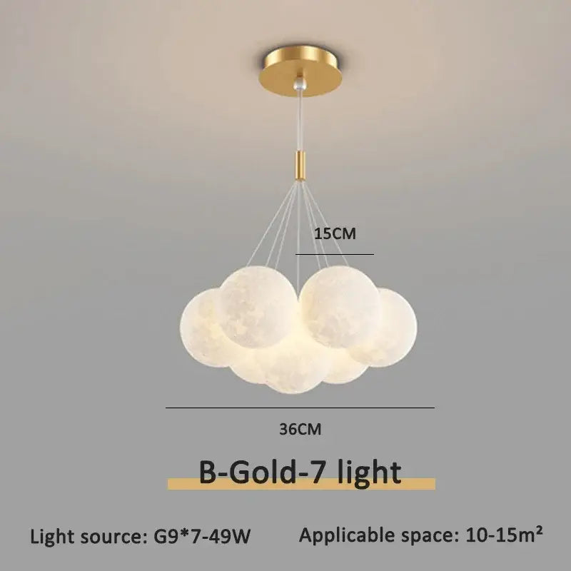 Modern gold cloud bubble ball led pendant lights with seven moon-patterned white spheres for dining room decorbites