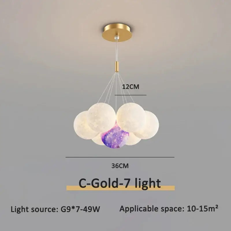 Modern gold cloud bubble ball pendant lights with six white textured orbs and one purple galaxy orb for dining room decorbites bubble ball led