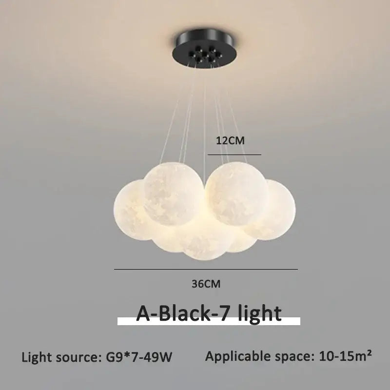 Modern gold cloud bubble ball led pendant lights feature seven frosted moon-like spheres from black ceiling mount