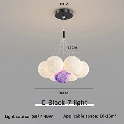 Modern gold cloud bubble ball led pendant lights with six white textured orbs and one purple galaxy sphere for dining room decorbites bubble ball