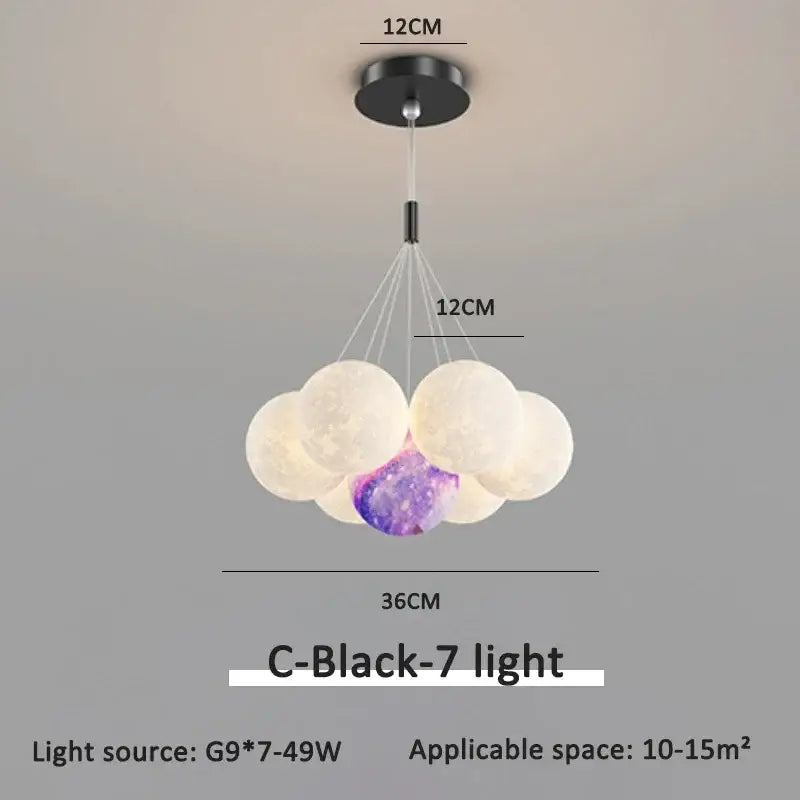Modern gold cloud bubble ball led pendant lights with six white textured orbs and one purple galaxy sphere for dining room decorbites bubble ball