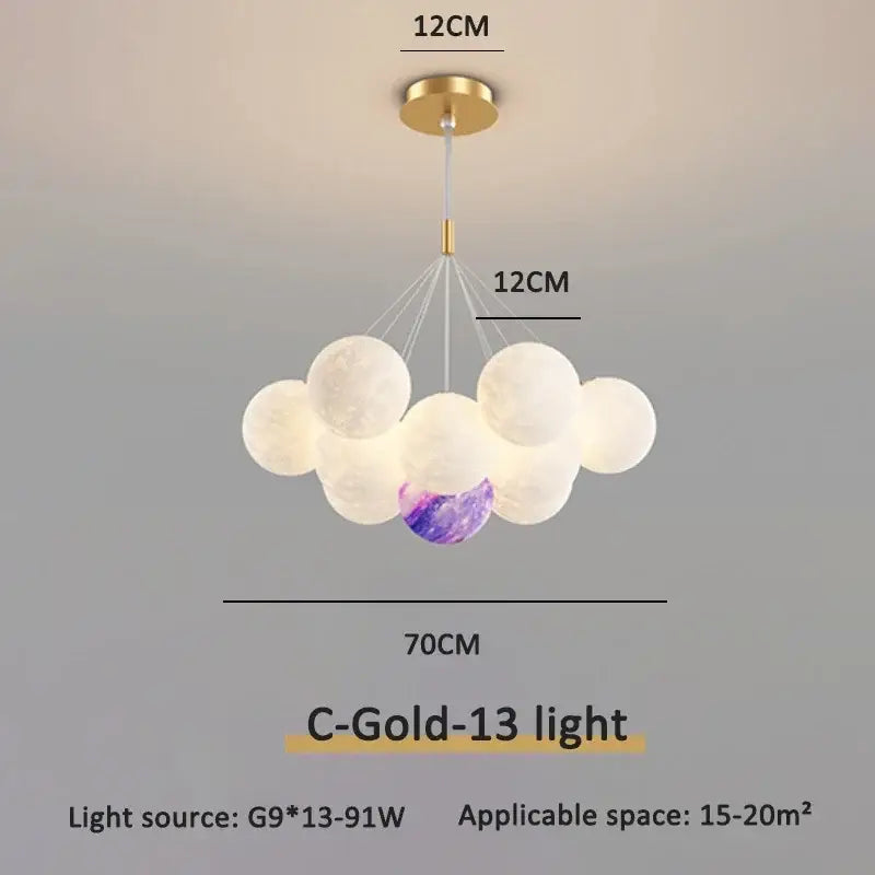 Modern gold cloud bubble ball led pendant lights with 13 white orbs and one purple galaxy orb for dining room decorbites bubble ball