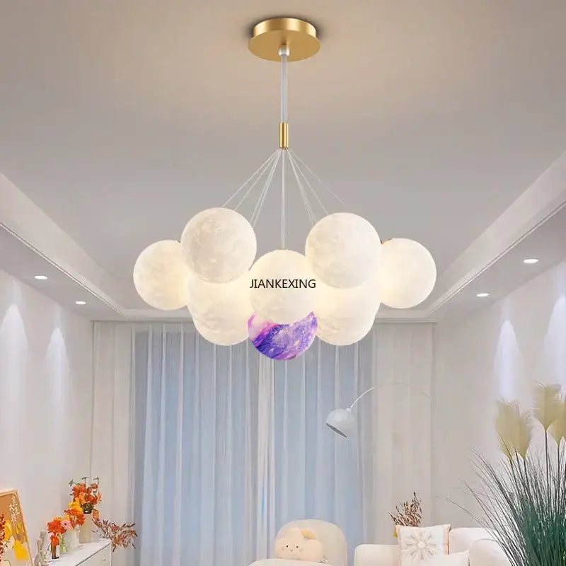 Modern gold cloud bubble ball led pendant lights with white spherical bulbs and one galaxy design for dining room decorbites
