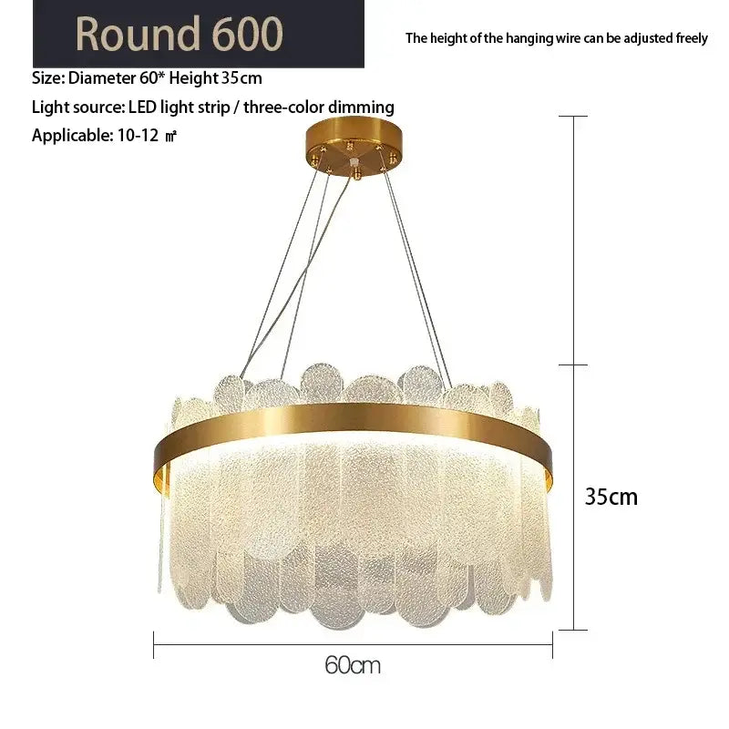 Modern gold cloud crystal led chandelier for living room featuring layered frosted glass discs and three-color dimming light