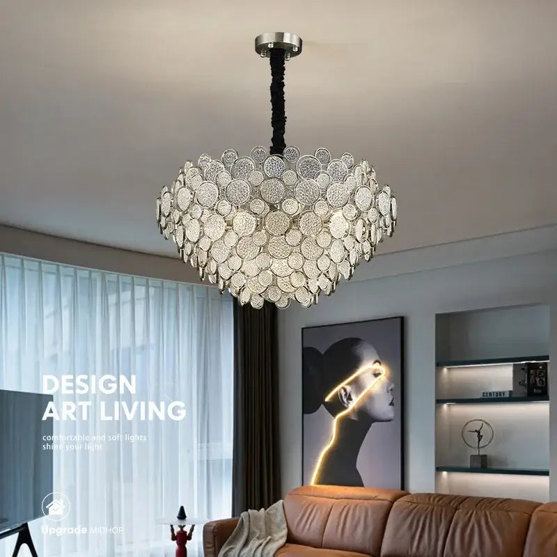Modern gold cloud led ceiling chandelier with heart-shaped clear glass discs suspended from black braided cord