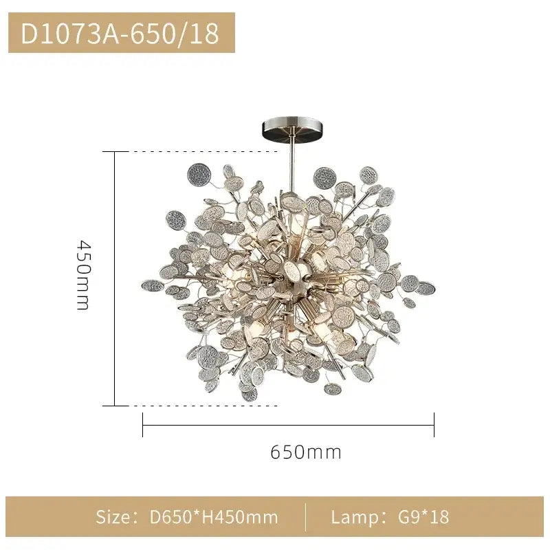 Modern silver metallic ceiling chandelier with spherical textured glass design for trend led ceiling living room