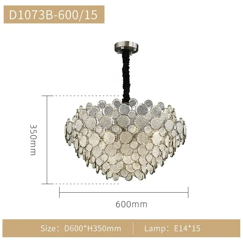 Modern gold cloud led ceiling chandelier with silver-toned cascading glass discs and polished metal mount for living room