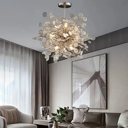 Modern gold cloud led ceiling chandelier with spherical design of clear glass discs and metallic rods for living room