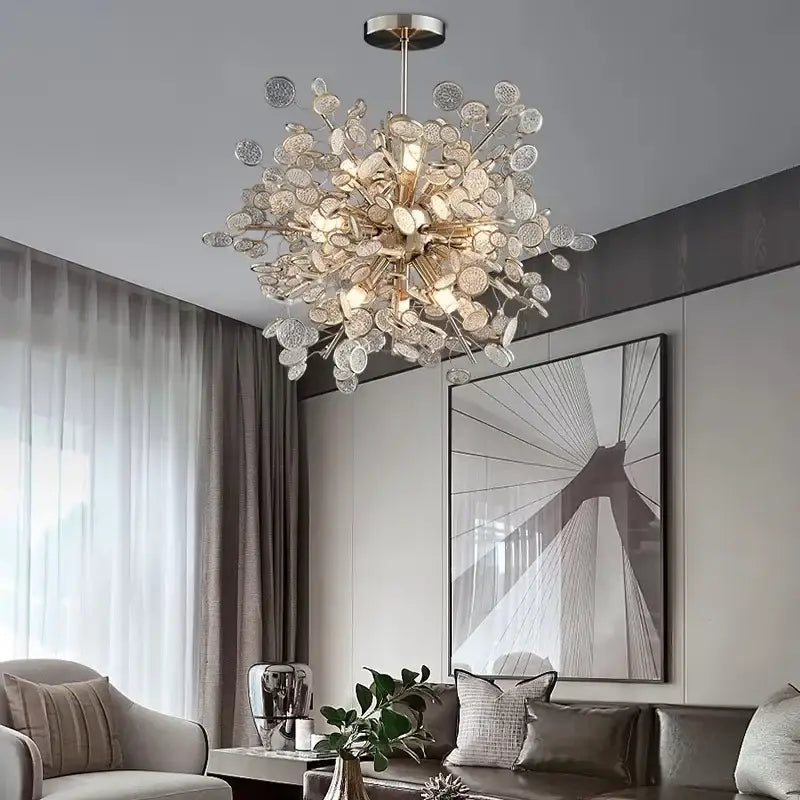 Modern gold cloud led ceiling chandelier with spherical design of clear glass discs and metallic rods for living room