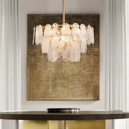 Modern gold cloudy glass chandelier with translucent petal-shaped discs for living room decorbites cloudy glass lighting