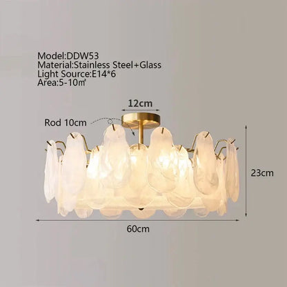 Modern gold cloudy glass chandelier with stainless steel frame and frosted leaf-shaped shades for living room lighting decorbites cloudy glass