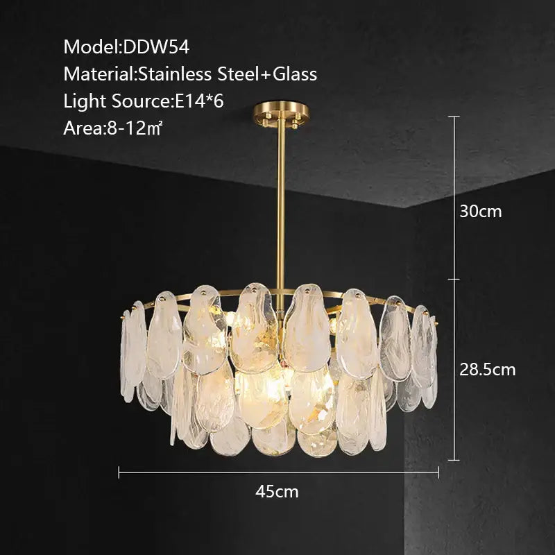 Modern gold cloudy glass chandelier with circular frame and teardrop-shaped translucent glass layers for living room lighting