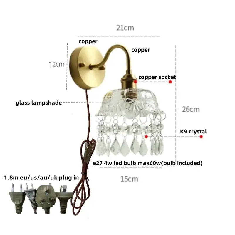 Modern gold conch shell wall light fixture with brass copper finish and ornate glass shade with k9 crystal droplets