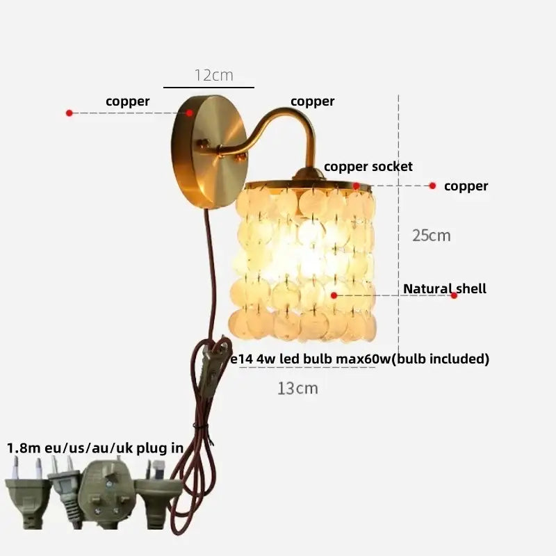 Copper wall light fixture with cascading natural shell shade and gold conch shell design featuring a pull chain switch