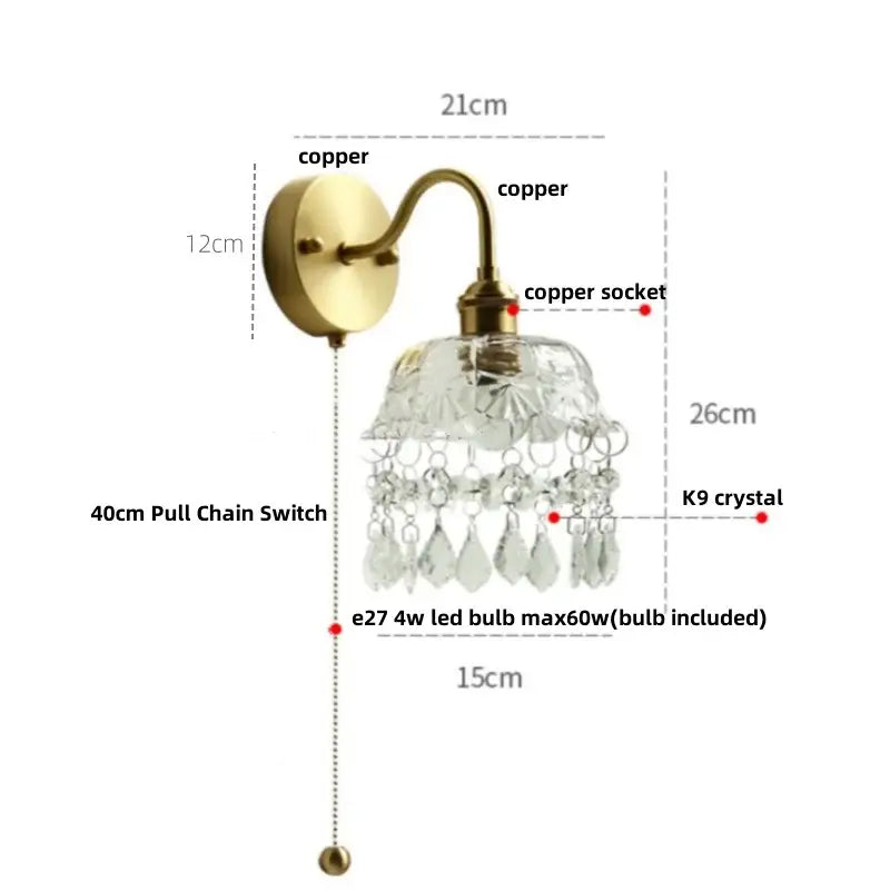 Modern gold conch shell wall light fixture with antique brass copper and clear k9 crystal shade for bedroom use