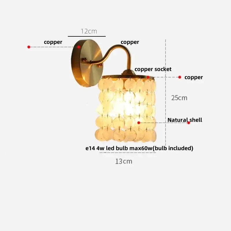 Copper wall light fixture with cascading natural shell discs and modern gold conch shell design for bedroom use