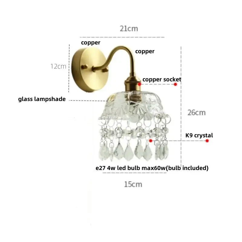 Modern gold conch shell wall light fixture with brass copper finish and k9 crystal glass shade for bedroom use