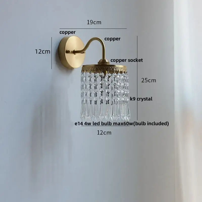 Modern gold conch shell wall light fixture with brass finished copper and cascading clear k9 crystal beads wall light