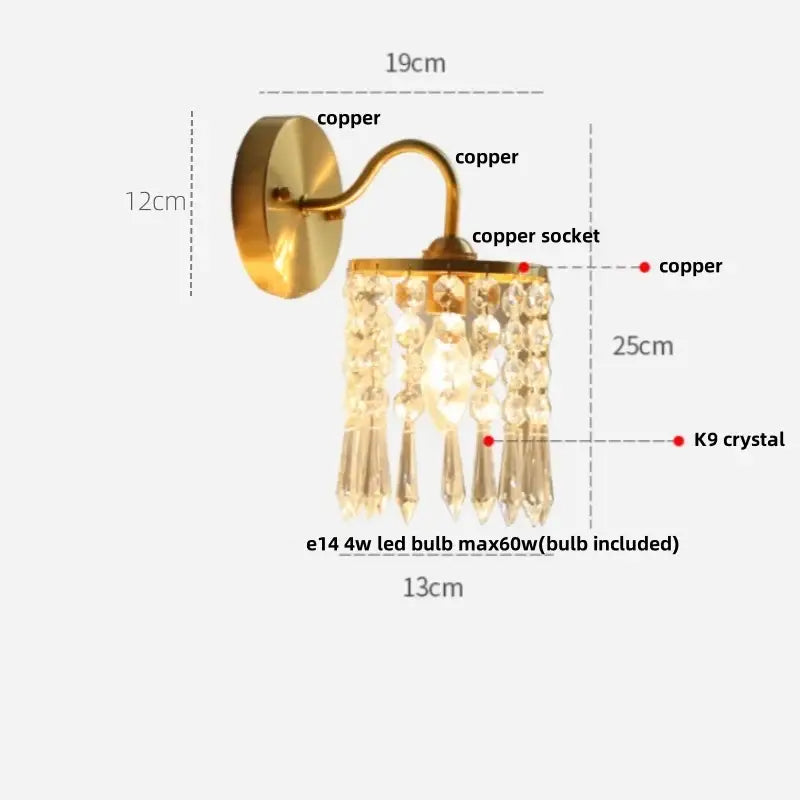 Modern gold conch shell wall light fixture with gold-toned copper and dangling k9 crystal droplets pull chain switch