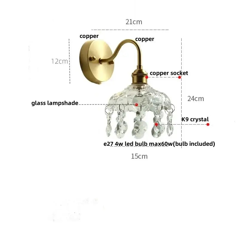 Modern gold conch shell brass-finished wall light fixture with clear glass lampshade and k9 crystal droplets for bedroom