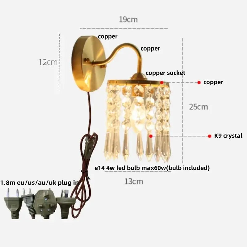 Modern gold brass-finished copper wall light fixture with dangling k9 crystal droplets and bedroom pull chain switch