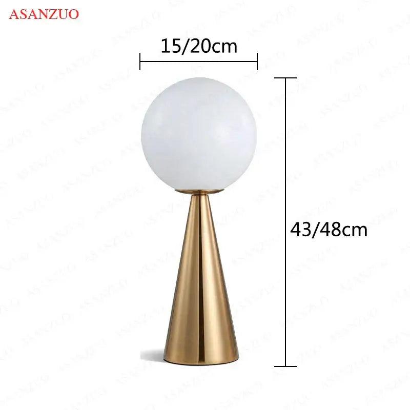 Asanzuo table lamp with polished gold cone glass base and frosted white globe shade for modern bedroom decorbites cone glass