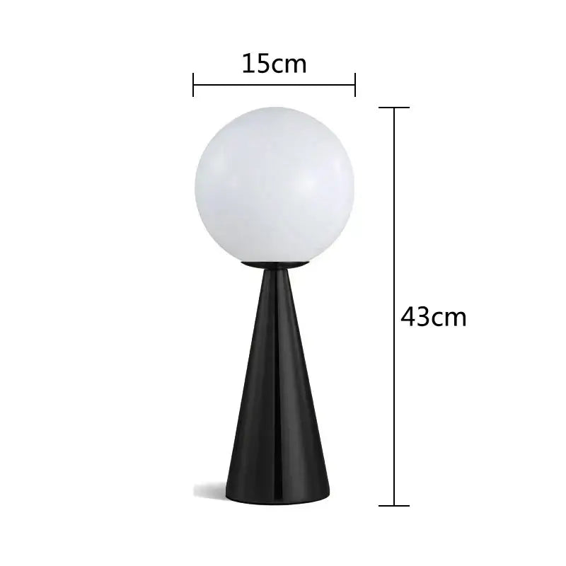 Modern gold cone glass table lamp with a sleek black conical base and frosted white spherical shade by decorbites cone glass