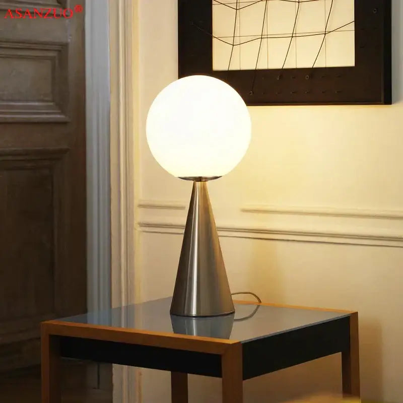 Modern gold cone glass table lamp with frosted white globe shade and brushed metallic base for bedroom decorbites cone glass