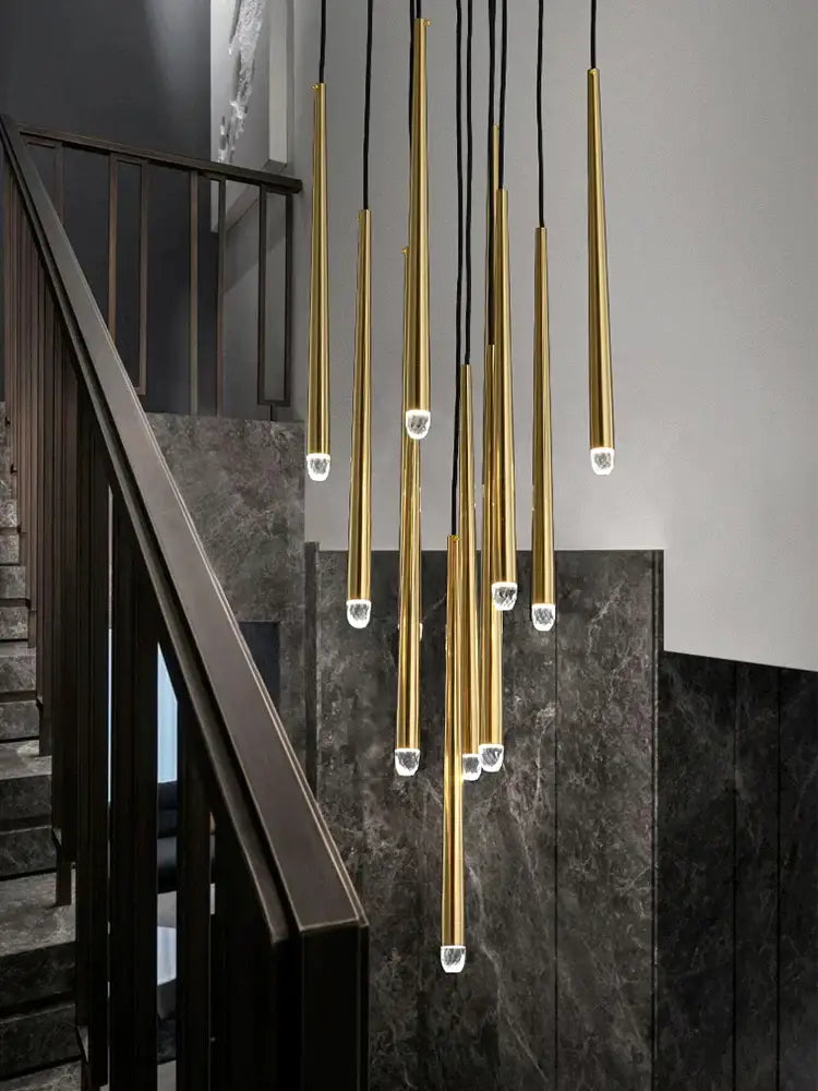 Modern gold conical led nordic chandelier featuring slender rods with clear crystal accents for dining room decorbites conical led