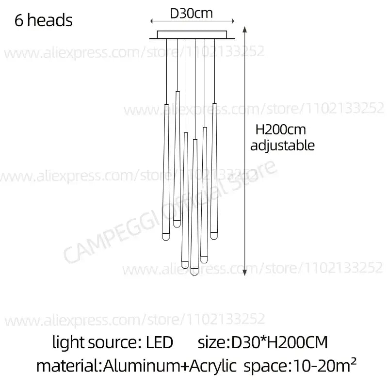 Modern gold conical led nordic chandelier with six cylindrical led light heads suspended from aluminum frame for dining room decorbites conical led