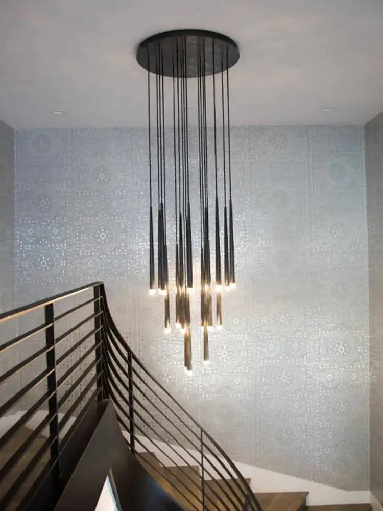Black cylindrical pendant chandelier with multiple illuminated rods designed as a modern gold conical led nordic decorbites chandelier